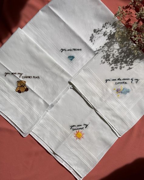 Crafted these really cute one liners on our men’s handkerchief for Valentines 💘 . . . #customembroidery #chennaibasedembroidery #embroideryartist #artistsoninstagram #giftideas #giftsforher #giftsforhim #love #homedecor #chennaibasedgifting #artbychahat Hand Embroidery Designs For Boyfriend, Hanky Embroidery Design For Men, Embroidery For Handkerchief, Handkerchief Embroidery Men, Crafted Gift Ideas, Embroidery Gift Ideas For Men, Boyfriend Embroidery Gift, Embroidery Designs Gift Ideas, Cute One Liners