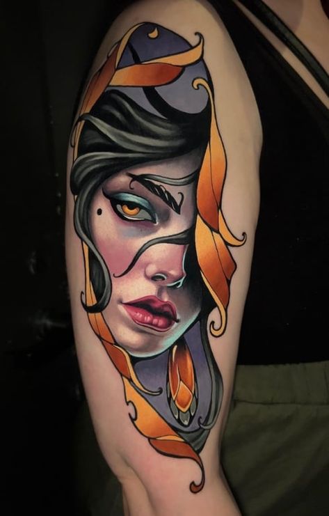 Neotraditional Lady Face, Powerline Tattoo, Philadelphia Tattoo, Traditional Tattoo Woman, Tigh Tattoo, Neo Traditional Art, Colour Tattoo For Women, Places For Tattoos, Neotraditional Tattoo