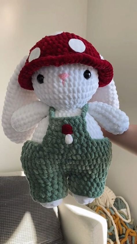 Amigurumi Patterns, Mushroom Bunny Crochet, Crochet Cute Mushroom, Mushroom Crochet Plushies, Crochet Bunny With Hat, How To Crochet A Mushroom For Beginners, Crochet Mushroom Basket, Crochet Plushies Bunny, Spring Crochet Plushies