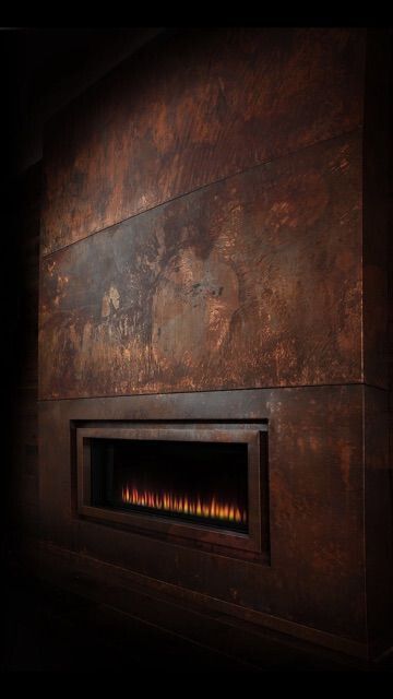 Rustic Metal Fireplace, Copper Tiles Fireplace, Copper Wall Panels, Bronze Tile Fireplace, Copper In Interior Design, Metal Clad Fireplace, Metal Fireplace Wall, Copper Feature Wall, Copper Fireplace Surround