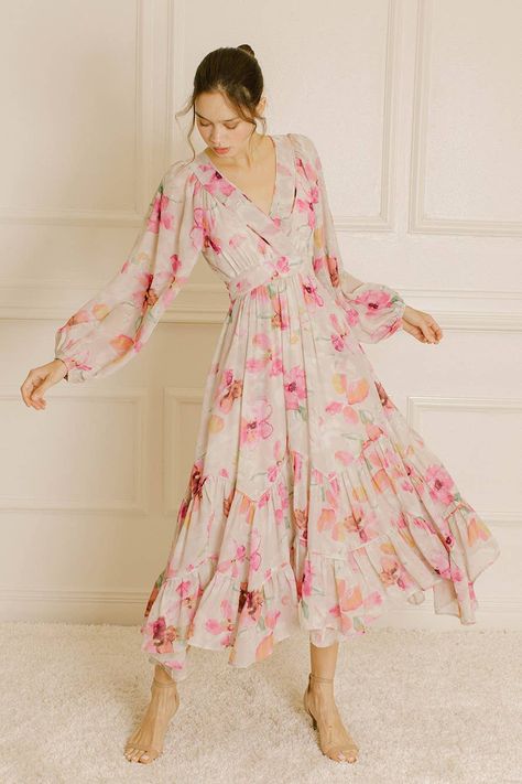 Floral Dress Aesthetic, Modest Floral Dress, Dressy Clothes, Wedding Guest Outfit Spring, Long Puffy Sleeves, Floral Chiffon Maxi Dress, Orange Dresses, Orange Floral Dress, Spring Wedding Guest Dress