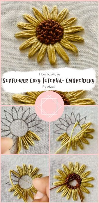 Beautiful Sunflower Embroidery Tutorial Free Ideas - Carolinamontoni.com Sunflower Thread Embroidery, Embroidery Flowers Beginner, Sunflower Pattern Embroidery, Embroidery Flowers Diy, Embroidery Patterns Sunflower, How To Flower Embroidery, Embroidered Sunflowers Diy, Hand Embroidered Sunflowers, Sewing Flowers Embroidery