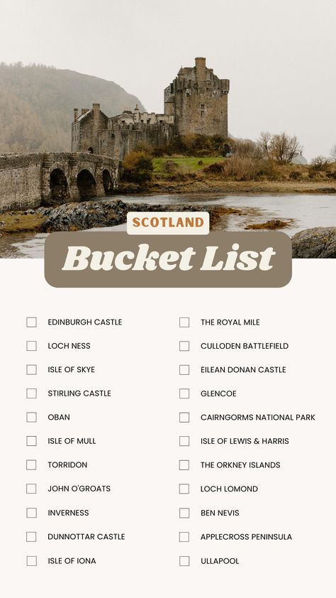 Are you traveling to Scotland soon? This Scotland bucket list covers all the must-see locations for your trip to the Scottish Highlands. Print it out and use for itinerary travel planning! Visit Scotland Travel Guide I Scotland Itinerary | Printable Scotland Travel Guide | Scotland travel tips | Isle of Skye what to do | Scottish Isles | Scottish Highlands travel | Isle of Skye Road Trip | Scotland Road Trip Outlander Travel Scotland, Road Trip In Scotland, Places To Visit In Scotland Scottish Highlands, Scottish Road Trip, Travel Scotland Aesthetic, The Scottish Highlands, Scotland In February, Uk Trip Ideas, Bucket List Scotland