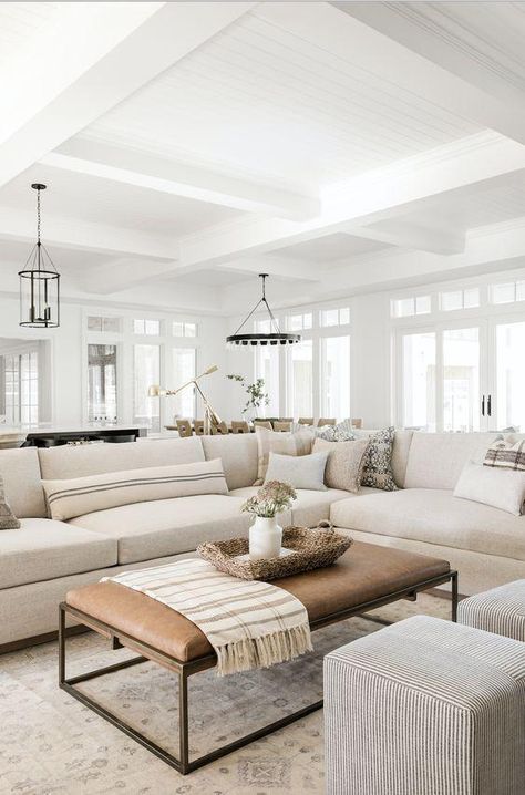 Beautiful Living Room Trends and Decorating Ideas for 2024 – jane at home Transitional Living Room With Sectional, Tv Room Sectional, Coastal California Decor, Studio Mcgee Ranch House, Mcgee And Co Living Room, Two Story Family Room, Transitional Sectional, Vibe House, Dining Room Designs