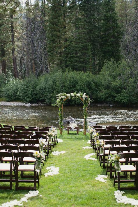 River Ceremony Wedding, By The Lake Wedding, Wedding Ceremony In Nature, Wedding Venue Montana, Fall Wedding By The Water, Aesthetic Outdoor Wedding, Wedding By A River, Forest River Wedding, Weddings By The Lake