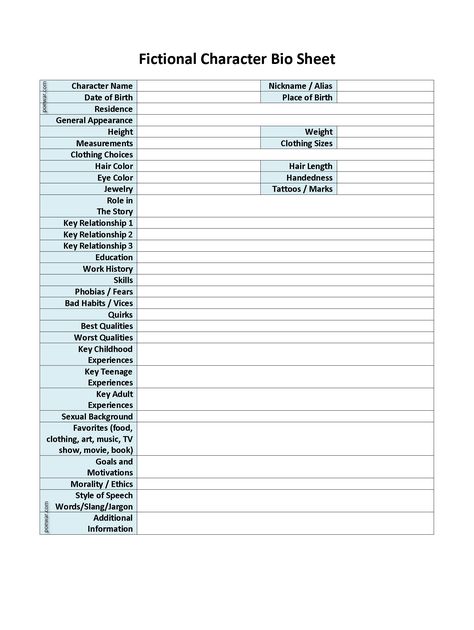 Fictional Character Bio Sheet Detailed Character Profile Template, Character Bio Sheet, Character Spreadsheet, Oc Bio Template, Character Bio Template, Character Sheet Writing, Writing Novel, Biography Template, Bio Template