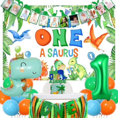 PRICES MAY VARY. One a Saurus Birthday Decorations Boy: You will get 18pcs latex balloons 12 inches, 1pcs dinosaur backdrop 5*3 ft, 1pcs monthly photo banner, 1pcs cake topper, 1pcs dinosaur foil balloon 35*27 inches, 1pcs number 1 foil balloons 32 inches (No Helium Supported), 1pcs high chair banner, 2 rolls white ribbon. Jungle Safari Dinosaur Party Decorations: Dinosaur 1st birthday decorations set consists of the lively and natural orange, blue and green colors that are so popular with boys. One A Saurus Birthday Cake, Dino 1st Birthday Party Boy, Dino First Birthday, Dinosaur Backdrop, 1st Birthday Decorations Boy, Dinosaur 1st Birthday, Banner Cake Topper, Monthly Photo Banner, Boys 1st Birthday Cake