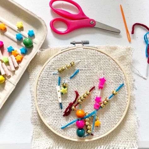 Embroidery for Kids: Simple Stitching & Beading with Burlap Simple Stitching, Sewing Activities, Easy Embroidery, Textile Crafts, Sewing Projects For Kids, Simple Embroidery, Beading Projects, Embroidery Ideas, Easy Sewing Projects