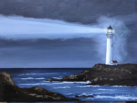 Tela, Lighthouse Drawing, Ocean Drawing, Studio Painting, Ocean At Night, Beach Canvas Art, Night Watch, Lighthouse Painting, Lighthouse Pictures