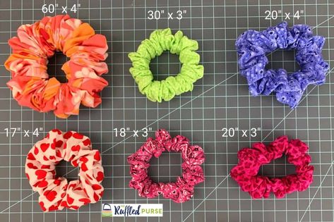 How to Make the Perfect Scrunchie Scrunchies Sizes Chart, Scrunchie Sizes Chart, Scrunchie Diy Free Pattern, Scrunchies Measurements Chart, See Scrunchies, Mini Scrunchie Pattern, Diy Sewing Scrunchies, Scrunching Pattern, Unique Scrunchie Ideas Diy