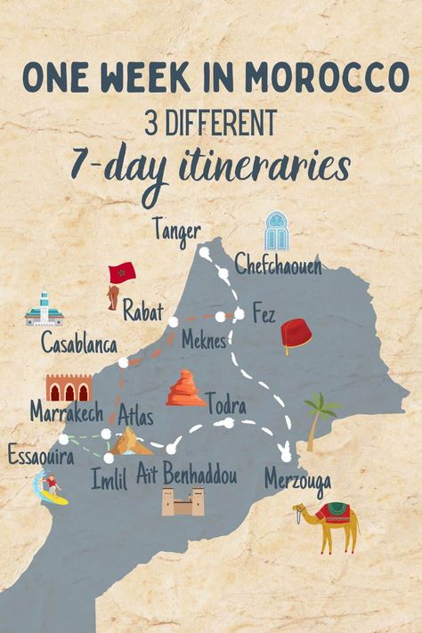 7 days in Morocco Itinerary: 3 amazing one-week trips · The Global Wizards - Travel Blog Morocco Itinerary 10 Days, Traveling To Morocco, Trip To Morocco, Morocco Things To Do, Portugal And Morocco Itinerary, Morroco Travel Itinerary, Spain And Morocco Itinerary, Travel To Morocco, Morroco Itinerary