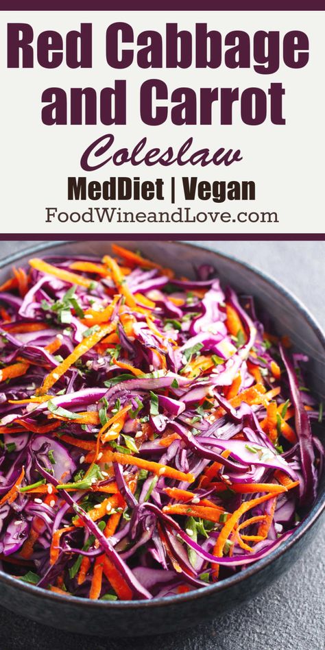 Red Cabbage and Carrot Coleslaw gluten free, vegan, Mediterranean diet friendly and easy vegetable based side or salad. YUMMY! Vegan Mediterranean Diet, Carrot Coleslaw, Red Cabbage Coleslaw, Vegan Mediterranean, Red Cabbage Recipes, Red Cabbage Salad, Red Cabbage Slaw, Cabbage Salad Recipes, Easy Vegetable