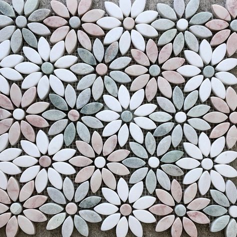 Pretty Tile Floor, Flower Tile Backsplash Bathroom, Bathroom Floral Tiles, Floral Floor Tiles Bathroom, Kitchen Flower Backsplash, Flower Kitchen Tile, Flower Floor Tiles, Floral Tile Bathroom Floor, Flower Backsplash Tile