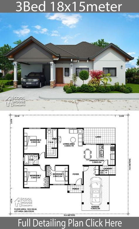 Miranda - Elevated 3 Bedroom With 2 Bathroom Modern House Bungalow House Floor Plans, Small Modern House Plans, Bungalow Style House, Pelan Rumah, Bungalow Floor Plans, Bungalow Style House Plans, Affordable House Plans, Building House Plans Designs, Modern Bungalow House