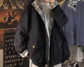 Aesthetic Plaid, Harajuku Jacket, Oversized Aesthetic, Harajuku Outfits, Baggy Clothes, Jackets Women, Patchwork Jacket, Cargo Jacket, Basic Jackets