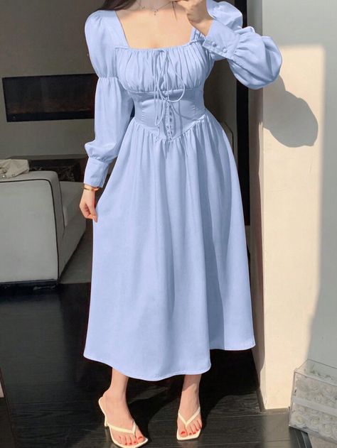 Light Blue Korean Outfit, Feminine Aesthetic Outfits, Girls Boutique Dresses, Long Dress Outfits, Hijabista Fashion, Classy Wear, Satin Formal Dress, Cadet Blue, Puff Dress