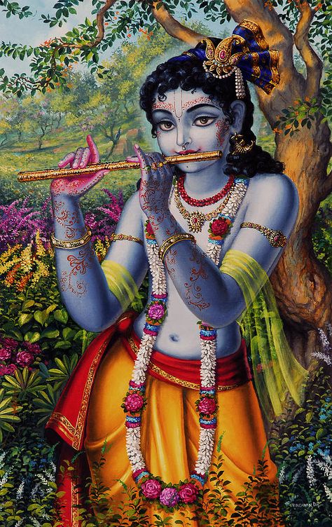 Krishna With Flute by Vrindavan Das - Krishna With Flute Painting - Krishna With Flute Fine Art Prints and Posters for Sale Krishna With Flute, Krishna Lila, Krishna Leela, Krishna Flute, Radha Krishna Wallpaper, Hinduism Art, Lord Krishna Wallpapers, Radha Krishna Images, Krishna Radha Painting