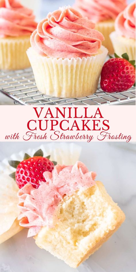 These vanilla cupcakes with fresh strawberry frosting are the perfect cupcake. They're moist and fluffy cupcakes topped with the creamiest frosting that's made with real berries for the best flavor #vanillacupcakes #strawberryfrosting #strawberybuttercream from Just So Tasty https://www.justsotasty.com/vanilla-cupcakes-with-fresh-strawberry-buttercream/ Fresh Strawberry Frosting, Cupcake Creme, Strawberry Frosting Recipes, Strawberry Cupcake Recipes, Homemade Cupcake Recipes, Easy Vanilla Cupcakes, Cupcake Frosting Recipes, Moist Vanilla Cupcakes, Cupcake Recipes From Scratch