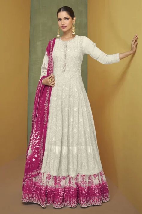 New Arrivals 1 Lehenga Kameez, Embroidery Anarkali, Pure Cotton Suits, Georgette Material, Pink Anarkali, Floor Length Anarkali, White Lehenga, Georgette Lehenga, Partywear Dresses