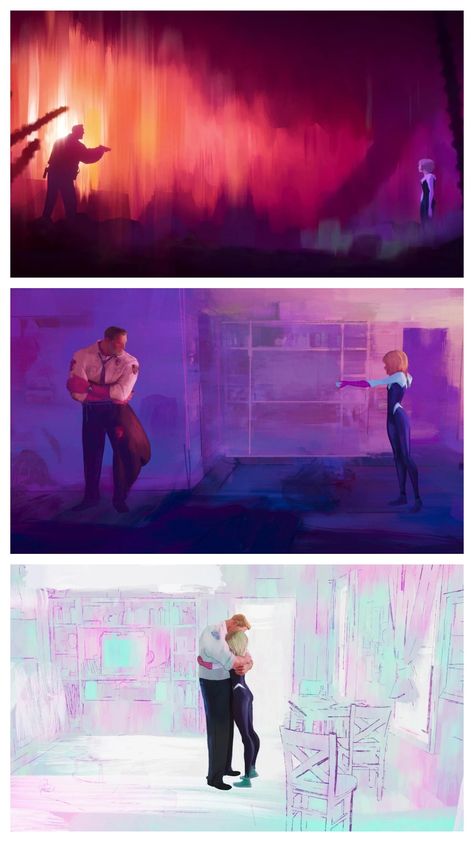 Spider Dads, Gwen Stacy Across The Spiderverse, Gwen Stacy Spiderverse, Spider Verse Art, Spiderverse Art, All Spiderman, Across The Spider Verse, Spiderman Movie, Color Script