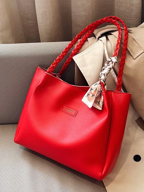 Red Elegant Collar  PU Leather Plain Shoulder Tote Bag Embellished   Women Bags Minimalist Handbag, Red Tote Bag, Red Leather Handbags, Twilly Scarf, Red Tote, Elegant Bags, Twilly, Red Bags, Tote Bag Pattern