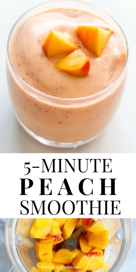 Healthy peach smoothie recipe! This is a delicious, simple no-banana smoothie recipe that you can make for dessert or breakfast. Peach Smoothie Recipes Healthy, Healthy Peach Smoothie, Quick Easy Smoothie Recipes, Banana Pudding Smoothie, Peach Smoothie Healthy, Peach Smoothie Bowl, Nectarine Smoothie, Carrot Smoothie Recipe, Breakfast Shakes Healthy