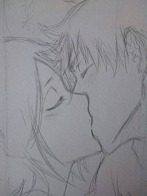 Kiss - Ichiruki Cute Drawings For Him, Cute Couple Sketches, Drawings For Him, Anime Face Drawing, Ichigo Y Rukia, Couple Sketch, Pencil Sketch Images, Easy Love Drawings, Meaningful Drawings
