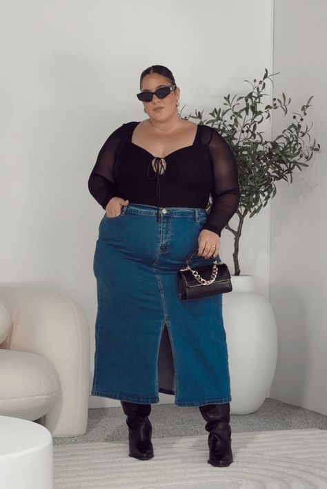 Plus size or curvy women's denim midi skirt long dark wash. For 18-45 years old plus-size female. Designed in Australia, but made in overseas from quality fabric and material; imported. Machine wash cold Jeans Outfit For Photoshoot, Denim And Blue Outfit, Long Denim Skirt Plus Size, Jean Skirt Plus Size Outfits, Denim Skirt Plus Size Outfits, Long Denim Skirt Outfit Plus Size, Skirt Curvy Outfit, Plus Size Jean Skirt Outfits, Long Skirt Outfits Plus Size