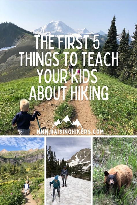 This contains: Collage of images of kids hiking. Text reads The First 5 Things To Teach Your Kids About Hiking. Adventure Guild, Things To Teach Your Kids, Adventure Mom, Hiking Snacks, Kids Hiking, Leave No Trace, Have Fun Teaching, Family Hiking, Being Prepared