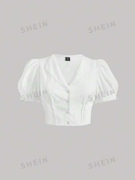 SHEIN MOD Plus Puff Sleeve Button Front Shirt | SHEIN USA Cute Shein Tops, Clothing Reference, Wardrobe Wishlist, Quick Outfits, Shein Tops, Button Front Shirt, Plus Size Blouses, Wedding Attire, Body Type