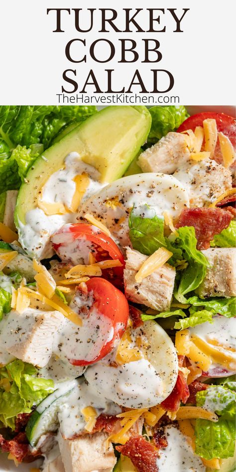 This Turkey Cobb Salad recipe is a delicious high protein salad made with leftover turkey, turkey bacon, cheddar cheese and avocado all tossed in a delicious homemade ranch dressing. Turkey Cobb Salad Recipe, Turkey Salads, Turkey Cobb Salad, Salad With Turkey, High Protein Salad, Turkey Salad Recipe, High Protein Salads, Cobb Salad Recipe, Harvest Kitchen