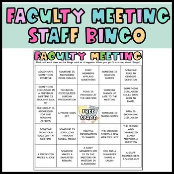 These bingo cards are perfect for a staff meeting activity. Encourage staff members to pay attention during the faculty meeting with this fun bingo game! The bingo cards are full of possibilities that could occur during a faculty meeting. Have staff members mark out each item that happens- the first with 5 in a row wins!This product comes in color and black and white options. There are 40 different cards included. This product is a PDF. Meeting Games, Faculty Meetings, Staff Meeting, Meeting Activities, The Faculty, Staff Meetings, A Staff, Members Mark, Bingo Games