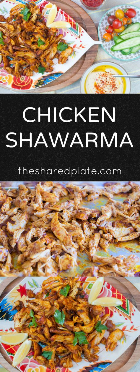 Chicken Shawarma - fragrant, mediterranean-spiced chicken perfect over rice or wrapped in pita bread with fresh tomatoes and cucumbers! Essen, Mediterranean Diet Chicken, Shawarma Chicken, Tomatoes And Cucumbers, Shawarma Recipe, Spiced Chicken, Mediterranean Diet Plan, Shredded Chicken Recipes, Mediterranean Chicken