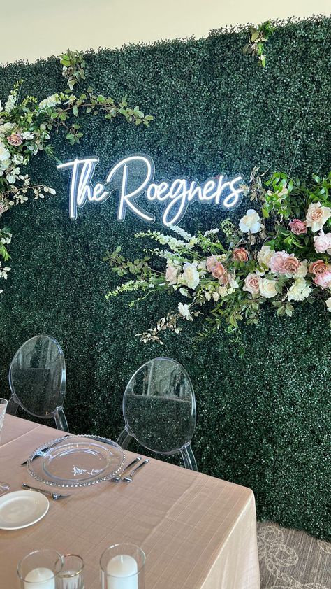 Greenery Wedding Wall With Neon Sign, Hedge Wall Backdrop Wedding, Floral Backdrop With Neon Sign, Green Backdrop With Neon Sign, Sweetheart Table Wedding Greenery Backdrop, Photo Wall Neon Sign, Ivy Wall Wedding Backdrop, Greenery Neon Sign Wall, Greenery Panel Wall