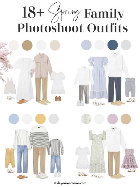 Looking for family photo outfits for a spring photoshoot? These 18+ spring family photos will inspire your attire so you look and feel amazing! Choose from neutral outfit to pastel color combinations, gingham, stripes, denim, and more. There’s casual outfits (jeans), or more dressy (floral dresses). From the city to the beach you’re covered! #2022 #familyphotooutfits Spring Family Photoshoot Outfits, Spring Family Photo Outfits, Spring Family Photoshoot, Shooting Photo Famille, Spring Picture Outfits, Picture Color Schemes, Spring Photoshoot Outfits, Neutral Family Photos, Spring Family Pictures