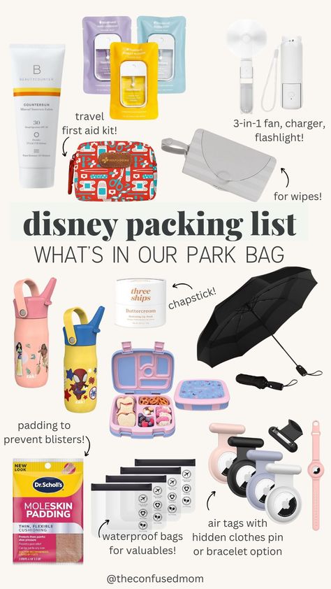 disney packing list: what to pack for disney world! packing for disney world, disney world packing list, disney trip, disney must haves packing lists, what to wear to disney world, disney world aesthetic, disney tips, disney hacks, disneyworld, disney must haves, disney vacation, disney park bag essentials, disney backpack essentials, disney bag essentials, disney travel, everything motherhood, motherhood and parenting Disney What To Pack, Disney Trip Necessities, What’s In My Disney Park Bag, Summer Disney Essentials, Disneyland Must Haves Packing Lists, Disneyland Backpack Essentials, Disneyland Bag Essentials, Disneyland Necessities, Disney Packing List For Women