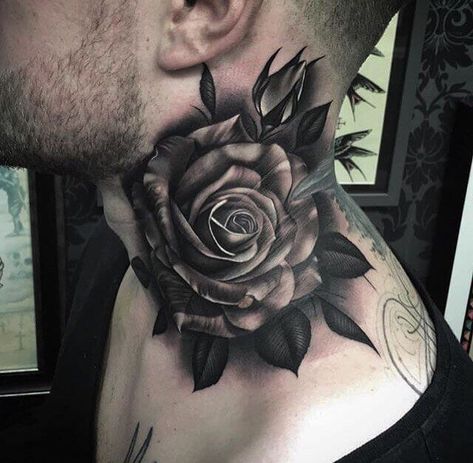 Black and grey rose on the neck Black And White Rose Tattoo, Rosen Tattoo Mann, Black And Grey Rose Tattoo, Rose Neck Tattoo, Flower Neck Tattoo, Hals Tattoo Mann, Tiny Rose Tattoos, Best Neck Tattoos, White Rose Tattoos