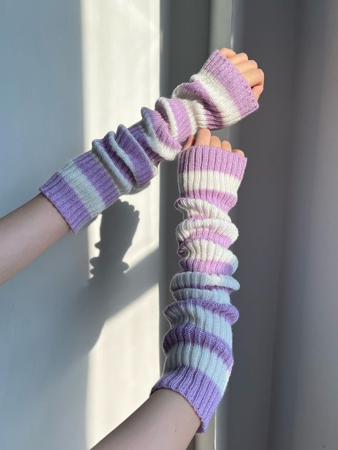 Patchwork, Cute Clothes Purple, Cute Purple Accessories, Cute Arm Warmers, Arm Warmers Aesthetic, Purple Arm Warmers, Sleeve Warmers, Striped Arm Warmers, Purple Clothes