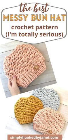This Messy Bun Hat Crochet Pattern is made with a bulky weight yarn. This textured hat makes for a great Winter Accessory. Fun and quick ponytail hat pattern. | A free crochet pattern by Simply Hooked by Janet | Winding Ridges Messy Bun Hat | #crochet #crochethat #freecrochetpattern #crochetmessybunhat #crochetwinterhat #easycrochetpattern Amigurumi Patterns, Knit Messy Bun Hat Pattern Free, Ponytail Beanie Crochet Pattern, Ponytail Crochet Hat Pattern Free, Free Messy Bun Crochet Hat Patterns, Crochet Ponytail Hat Pattern Free, Ponytail Beanie Crochet Pattern Free, Messy Bun Beanie Crochet Pattern Free, Messy Bun Crochet Hat Pattern Free