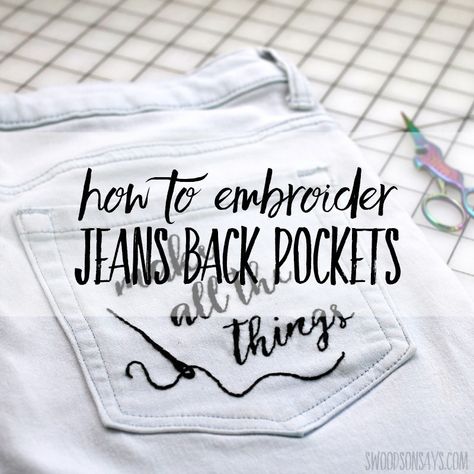Embroider Jean Pockets, How To Embroider Jean Pockets, Embroidery Jeans Pocket, How To Embroider Jeans, Denim Embroidery Ideas, How To Embroider Shoes, Jeans Pocket Embroidery, Embroidered Jeans Pocket, Embroidering Jeans