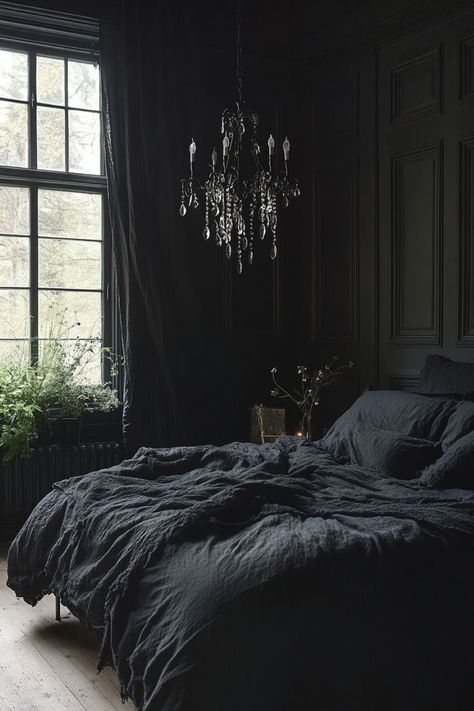 Ethereal effect of sheer black curtains enhancing a dark boho-styled room. Colour Palettes, Dark Boho Bedroom, Boho Bedroom Inspirations, Dark Boho, Bedroom Inspiration Boho, Boho Bedroom, Bedroom Inspo, Eclectic Decor, Bedroom Inspirations