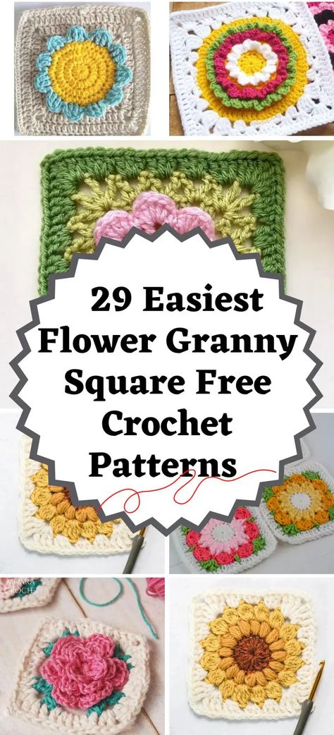 29 Easiest Flower Granny Square Free Crochet Patterns (easy) - Little World of Whimsy Amigurumi Patterns, Crochet Blanket Patterns Granny Square Flower, Puff Granny Square Crochet, Granny Square Hobo Bag, Crochet Floral Granny Square Pattern, Crochet Square Flower Pattern, Floral Crochet Granny Squares, Crochet Granny Square Flower Bag, Crochet Floral Square