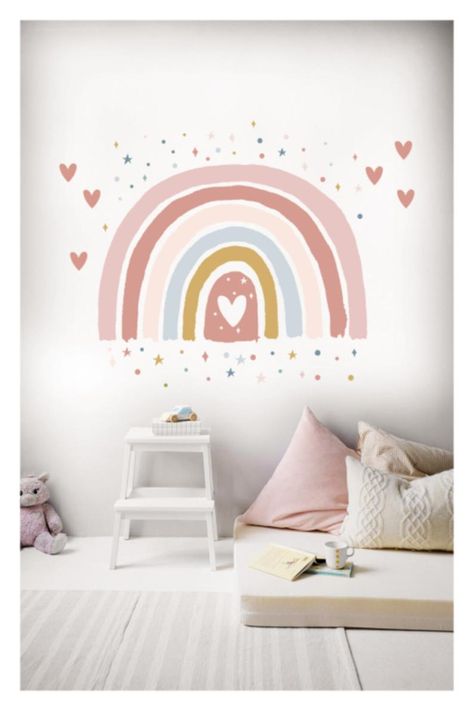 Boho Pink Rainbow and Hearts Wall Sticker Girls Room Wall | Etsy Wall Rainbow Painting, Rainbow Room Decor Girls Bedroom, Rainbow Girls Room Ideas, Rainbow Girls Bedroom Ideas, Boho Rainbow Girls Bedroom, Girls Room Rainbow Wall, Nursery Wall Painting Ideas, Rainbow Painted Walls, Girls Rainbow Bedroom Ideas