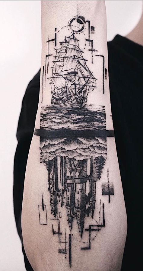 Antique Ship Tattoos To Convey Your Feelings Of Nostalgia. Detailed and vintage linework nautical sailor ship tattoos for both men and women with a free soul. Ship Tattoos, Design Tattoo, Book App, Armband Tattoo, Angel Tattoo Men, All Tattoos, Big Tattoo, Lower Back Tattoos, Tattoo Images