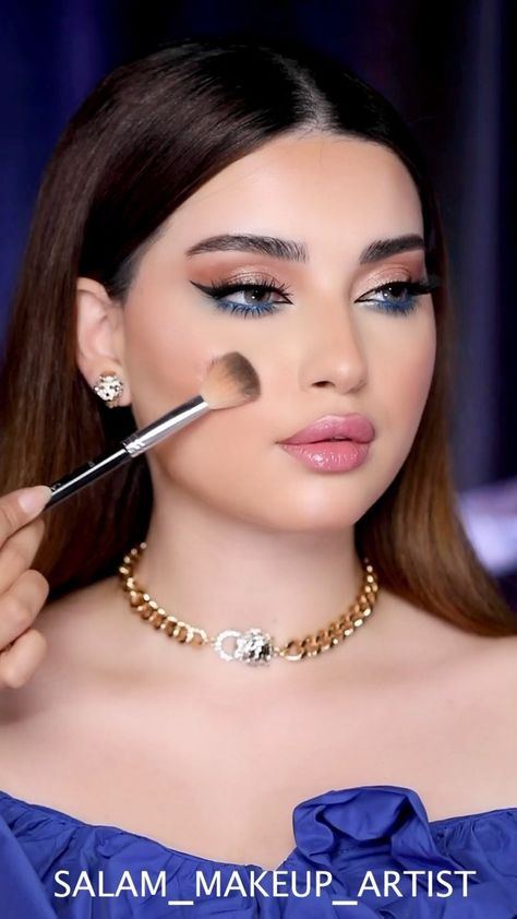 Makeup Looks For Navy Blue Dress Formal, Soft Glam Blue Makeup, Prom Full Glam Makeup, Lipstick With Blue Dress, Makeup On Blue Dress, Pink Blue Eye Makeup, Blue Dress Makeup Look, Dusty Blue Makeup Look, Blue Dress Eye Makeup