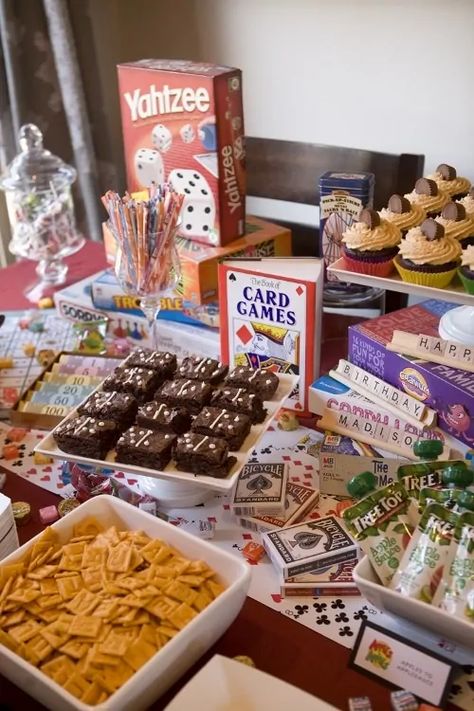 Game Night Ideas for a Birthday Party Games Night Ideas, Ideas For A Birthday Party, Family Game Night Party, Game Night Decorations, Game Night Snacks, Game Night Ideas, Game Night Food, Board Game Themes, Board Game Party