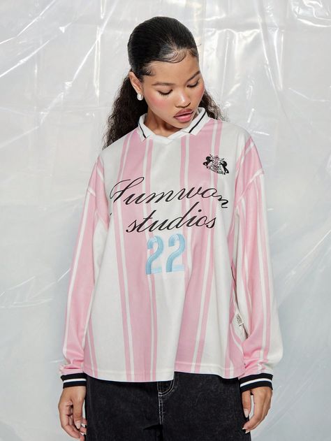 Long Sleeve Football Stripe Tee With Embroidery & Graphic Print Pink Casual  Long Sleeve Knitted Fabric Colorblock,Letter,Striped,Slogan  Slight Stretch  Women Clothing, size features are:Bust: ,Length: ,Sleeve Length: American Football, Embroidery, Stripe Tee, Print Pink, Graphic Print, Women Clothing, Football, Long Sleeve