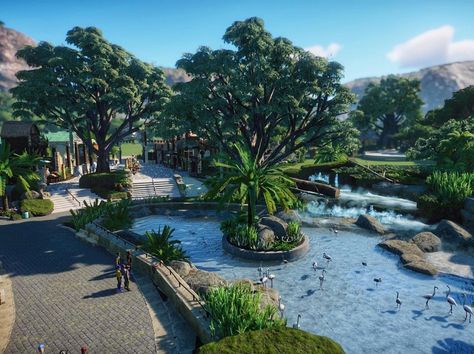 Sdanwolf on Instagram: “Tonight on stream we shifted the shopping area over to line up better with the lagoon & we added the ADA access ramp this go around 🤙…” Planet Zoo Flamingo Habitat, Platypus Habitat, Planet Zoo Tropical, Zoo Habitat Ideas, Planet Zoo Layout, Planet Zoo Entrance Ideas, Planet Zoo Layout Ideas, Planet Zoo Entrance, Planet Zoo Habitat