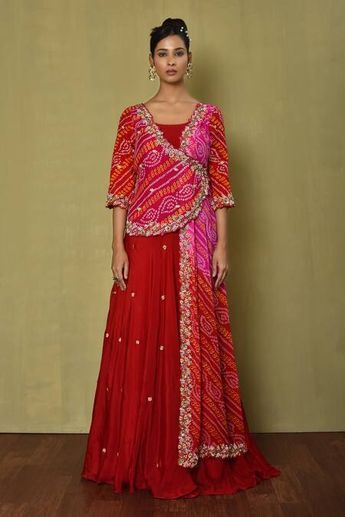 Buy Red Bandhej Print Gown For Women by Samyukta Singhania Online at Aza Fashions. Bandhej Saree Blouse Designs Latest, Aza Fashion Outfits 2024 Suits, Designer Gowns Indian, Dress From Saree, Indowestern Outfits For Women, Western Outfits For Wedding, Latest Dress Designs, Saree Reuse, A Line Skirt Outfits