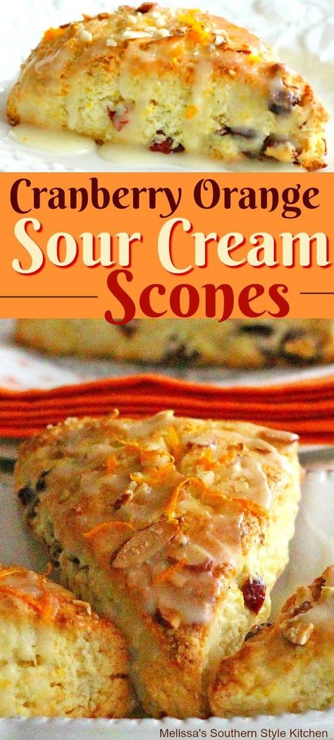 Cranberry Orange Sour Cream Scones #scones #cranberryorange #cranberries #sourcreamscones #sweet #teaparty #bisuits #brunch #teaparty #breakfast #orange #holidays #holidaybrunch #christmas #thanksgiving #southern #southernfood #melissassouthernstylekitchen #breadrecipes #food #recipes Sour Cream Scones, Cream Scones Recipe, Baking Scones, Scones Recipe Easy, Orange Scones, Homemade Scones, Cream Scones, Breakfast Sweets, Scones Recipe